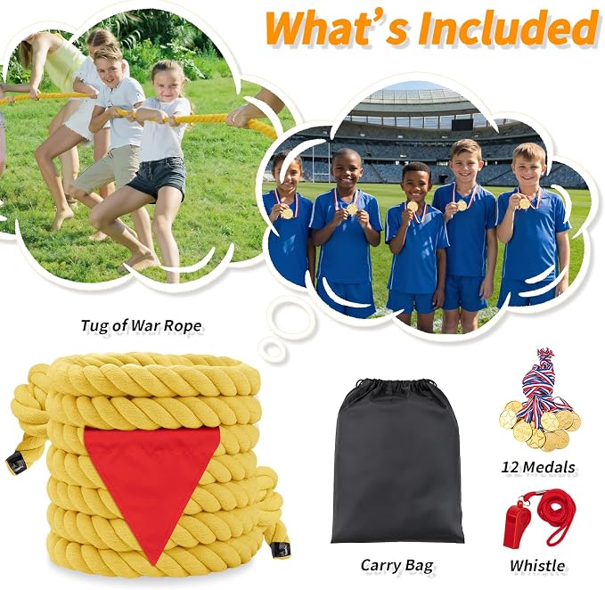 Tug of War Rope for Kids & Adults - 40ft Soft Cotton Outdoor Pulling Rope with Flag for Team Building Activities Field Day Family Reunions Birthday Parties Camping Games- Yellow