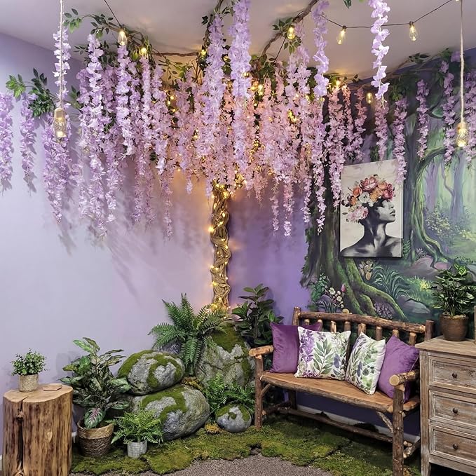 XunYee 3D Wisteria Tree Wall Decor for Room Classroom Ceiling Artificial Wisteria Hanging Flowers DIY Cardboard Paper Tree with Green Vine Kraft Paper Fairy Bulletin Board Decorations(Purple)