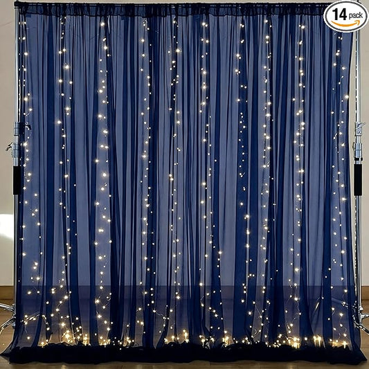 10×10ft Navy Blue Tulle Backdrop Curtain with Lights String for Parties, Sheer Photo Backdrop Curtains for Wedding Party Photography Background