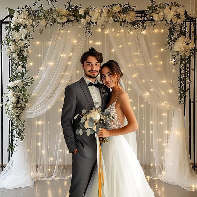 White Tulle Backdrop Curtain with Lights String 10x8ft Sheer Drapes for Wedding, Birthday, Baby Shower, Bridal Shower, Photo Booth, Party, Home Decor (2 Panels, White)