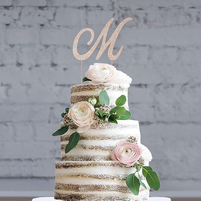 Letter M Cake Topper - Premium Rose Gold Metal - M Monogram Wedding or Anniversary Party Sparkly Rhinestone Initial Decoration Makes a Great Centerpiece - Now Protected in a Box