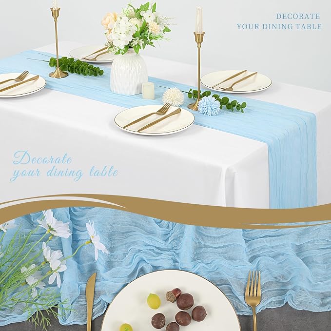 10 Pack Cheesecloth Table Runner 17 x 108 inch Long Boho Gauze Table Runners Semi Sheer Table Runner for Wedding Decor, Baby Shower, Birthday Party, Banquet (Light Blue)