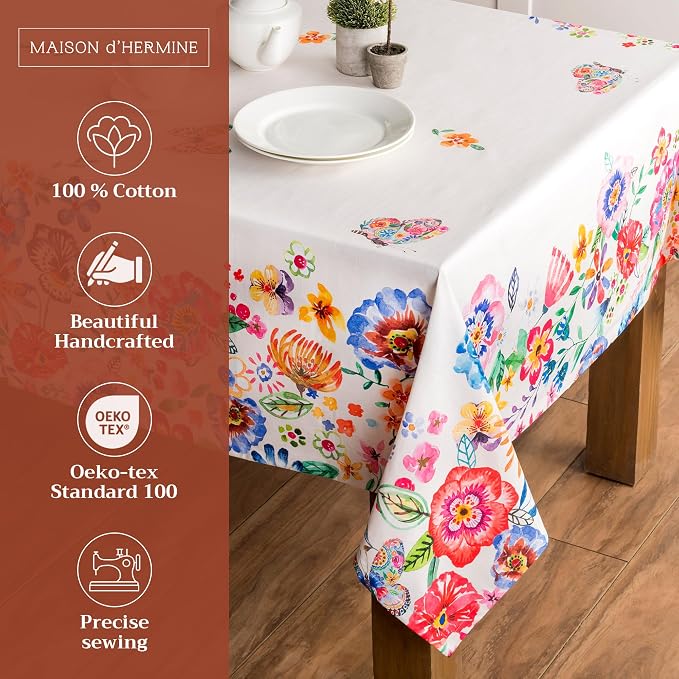 Maison d' Hermine Table Cloth Square Table 100% Cotton 54 x 54 Inches Tablecloth Reusable Decorative for Dining Kitchen Room Farmhouse Party Hotel Restaurant Spring Summer- Happy Florals - High Summer