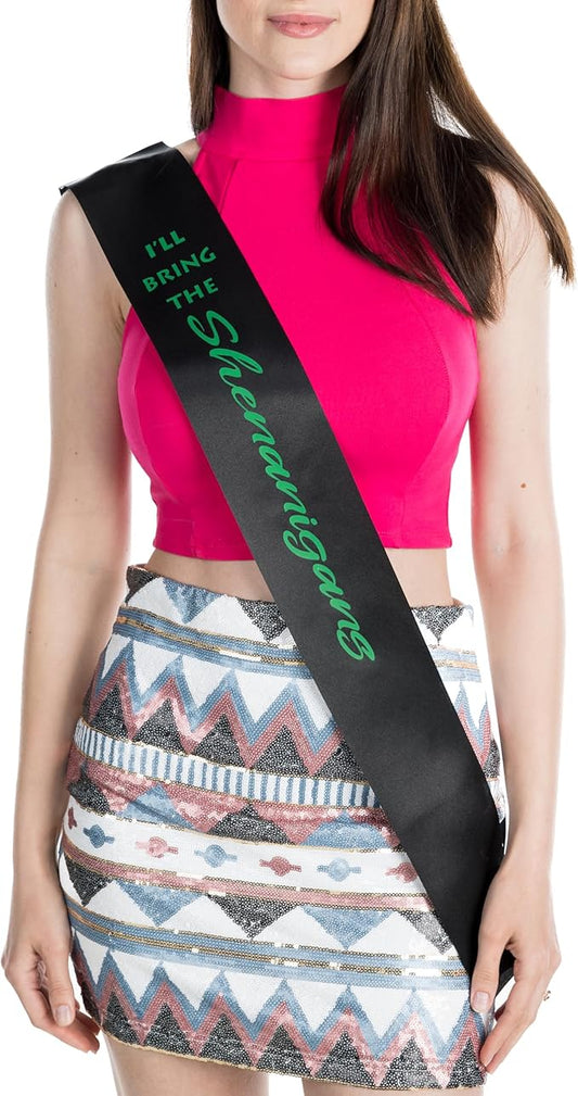 Funky Junque Bridal Sash Bachelorette Party Bridal Shower Gift - I'll Bring The - Shenanigans (Black/Kelly Green)