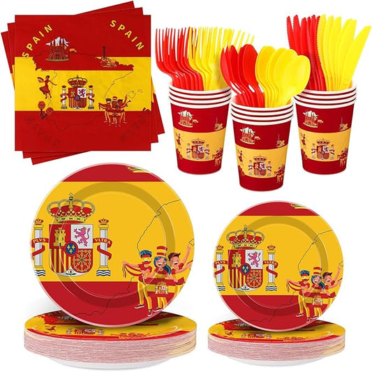 FoldTier 350 Pcs Spain Flag Party Supplies Disposable Spanish Flag Paper Plates and Napkins Spanish National Day Tableware for Country Decoration Patriotic Festival Party Supplies, Serves 50