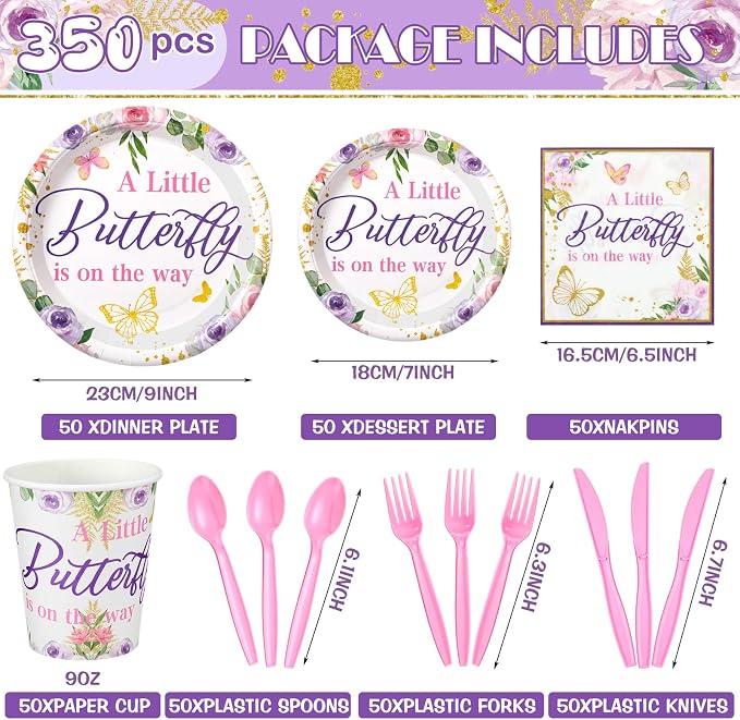 405 Pcs Butterfly Baby Shower Tableware Set Little Butterfly Is On The Way Baby Shower Plates and Napkins Supplies Include Tablecloth Banner Cups for 50 Guest Girls Floral Butterfly Theme