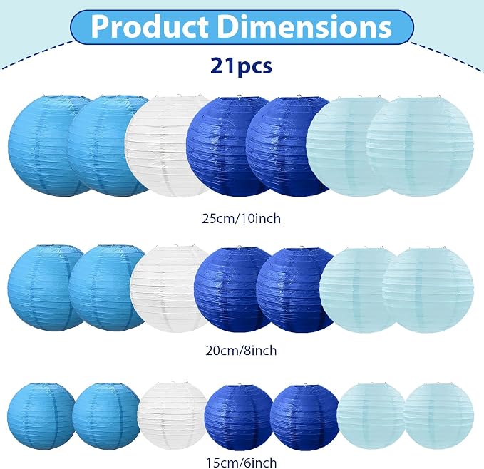 21Pcs Blue and Ivory Paper Lanterns Decorative, 6" 8" 10" Hanging Round Paper Lanterns for Bridal Shower Baby Shower Engagement Wedding Birthday Party