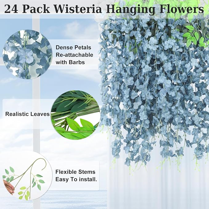 LELEE 25 Pcs Artificial Wisteria Hanging Flowers 3.6ft Dusty Blue Fake Hanging Flowers Garland Silk Flowers Rattan String Faux Wisteria Vine for Wall Home Wedding Party Arch Greenery Backdrop Decor