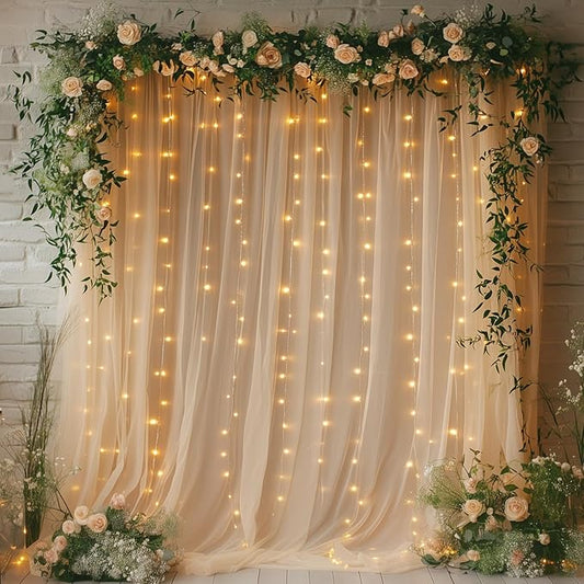 Champagne Tulle Backdrop Curtain with Lights - 10x8ft Sheer Backdrop with 250 LEDs for Wedding, Baby Shower, Bridal Shower, Birthday Party Photo Shoot Background and Home Decorations