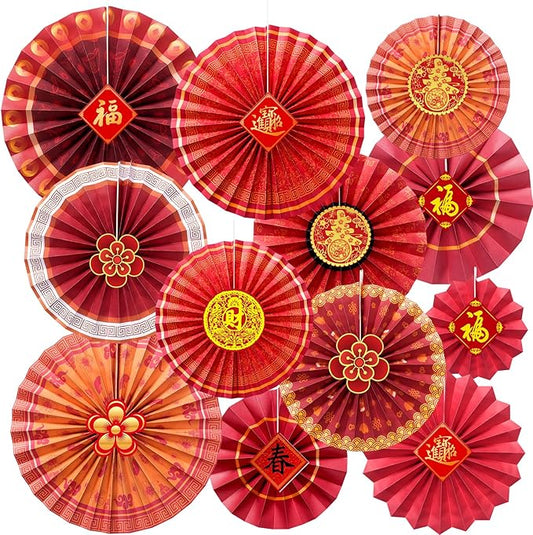 Ragnhild 24 Pcs Chinese New Year Decorations 2026, Lucky Red Paper Fans Lunar New Year Decorations, Oriental Hanging Ornaments for Chinese Spring Festival Year of Horse Party Decors