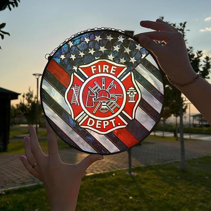 Firefighter Stained Glass Suncatcher 6x6'', Fire Academy Graduation Gift, Fire Department Decor, Firefighter Retirement Gifts, Firefighting Gifts for Men, Memorabilia Keepsake