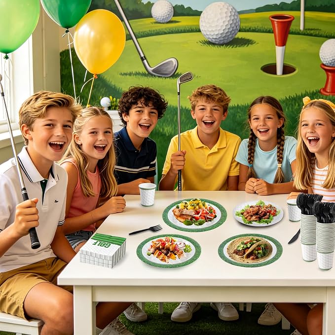 400 Pcs Disposable Golf Party Tableware Set for 50 Guests | Heavy-Duty 7" & 9" Paper Plates, Cups, 13" Napkins & Plastic Cutlery for Game Day and Birthday Party Supplies