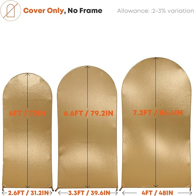 Gold Shimmer Arch Backdrop Cover Set of 3 (6 6.6 7.2FT) with Zipper,Thick Soft Stretchy Sequin Glitter Spandex Fitted Chiara Cover for Wedding Birthday Baby Shower Graduation Party Photo Backdrop
