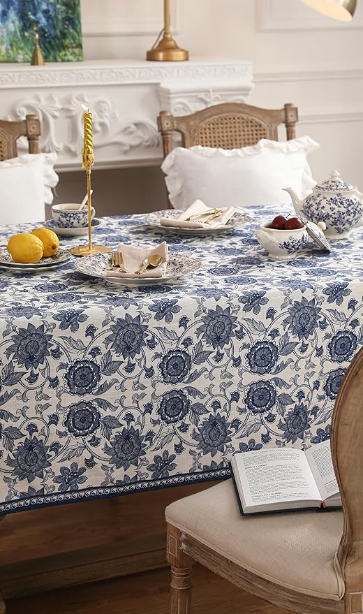patdrea Elegant French Linen Tablecloth,Square,67"x67"-Lantang A | Vintage Elegant Table Cloth for Square Table,Blue and White Floral Print,for Dining Room Tea Party Thanksgiving
