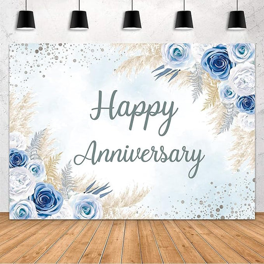 MEHOFOND Boho Happy Anniversary Backdrop Blue Floral Bohemia Pampas Grass Anniversary Banner Cheers to Marriage Wedding Party Decorations Memorial Portrait Photo Booth Background 10x7ft