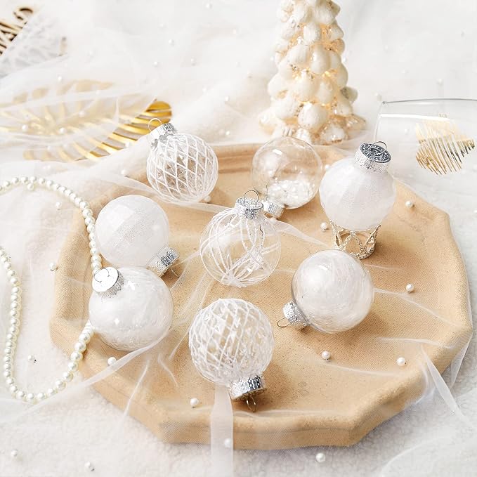 CristBest 30ct Christmas Ball Ornaments-60mm/2.36" Shatterproof Clear Plastic Xmas Balls Baubles Set with Stuffed Delicate Sparkling, Hanging Christmas Tree Decorations(White)