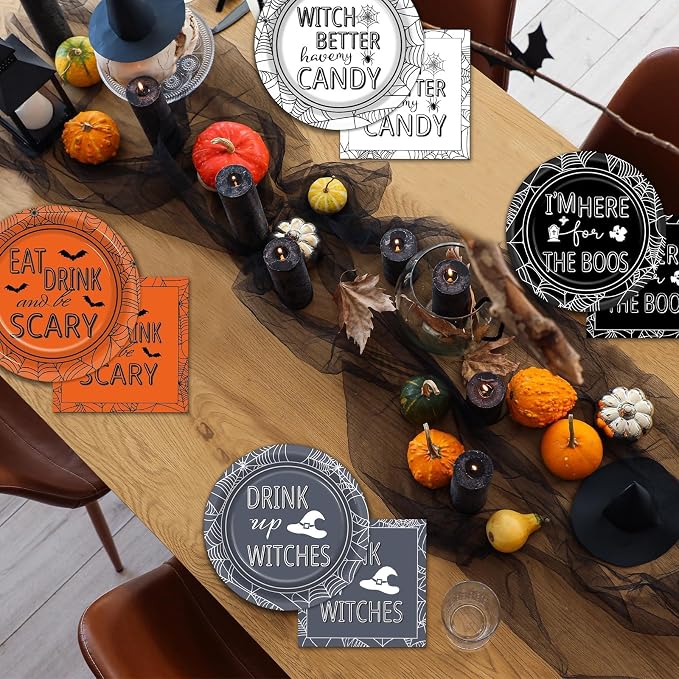 96 Pcs Halloween Party Decorations Halloween Paper Plates and Napkins Halloween Party Supplies Drink up Witches Hat Little Scary Spiderweb Boo Tableware Set for Halloween Disposable Decorations