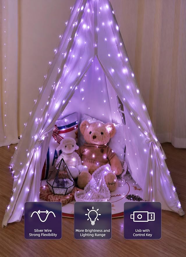 Brightown 300 LED Purple Halloween Fairy Curtain Lights, 9.8ft x 9.8ft String Lights, USB Plug in 8 Lighting Modes Christmas String Hanging Lights with Remote for Bedroom Indoor Outdoor Party Xmas