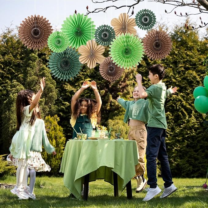 11 Pcs Hanging Paper Fans Decoration Green and Brown Paper Flowers Deco Tropical Jungle Birthday Party Decorations for Summer Safari Carnival Party Supplies