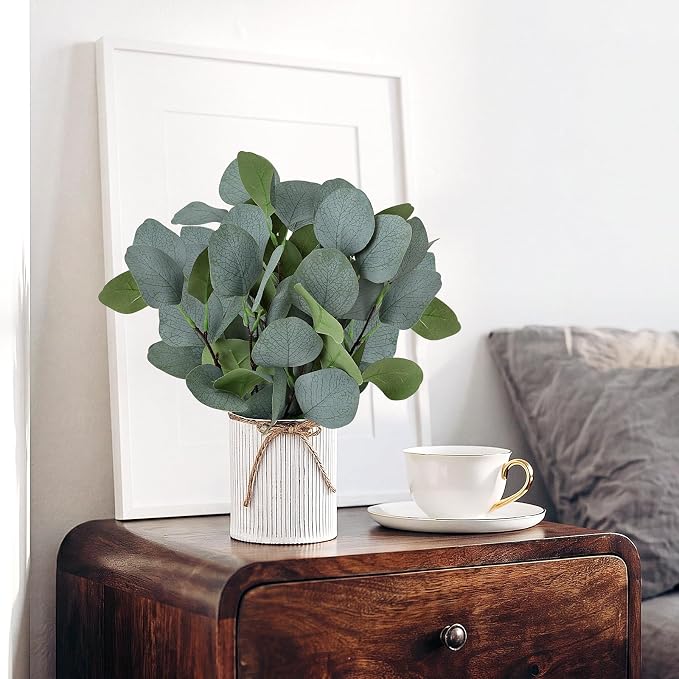 Eucalyptus Table Centerpieces - Set of 6 Artificial Greenery Plants with Farmhouse Metal Vase for Home Kitchen Decorations