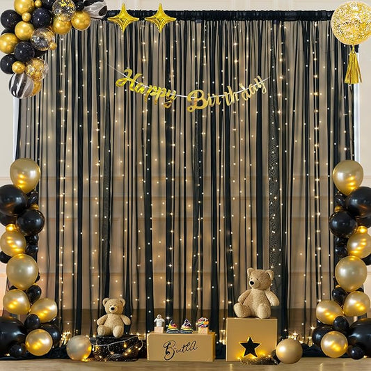 10x10ft Black Chiffon Backdrop Curtain with Lights String for Wedding Sheer Tulle Curtain Photo Backdrops Drapes for Baby Shower Birthday Party Home Ceremony Decorations