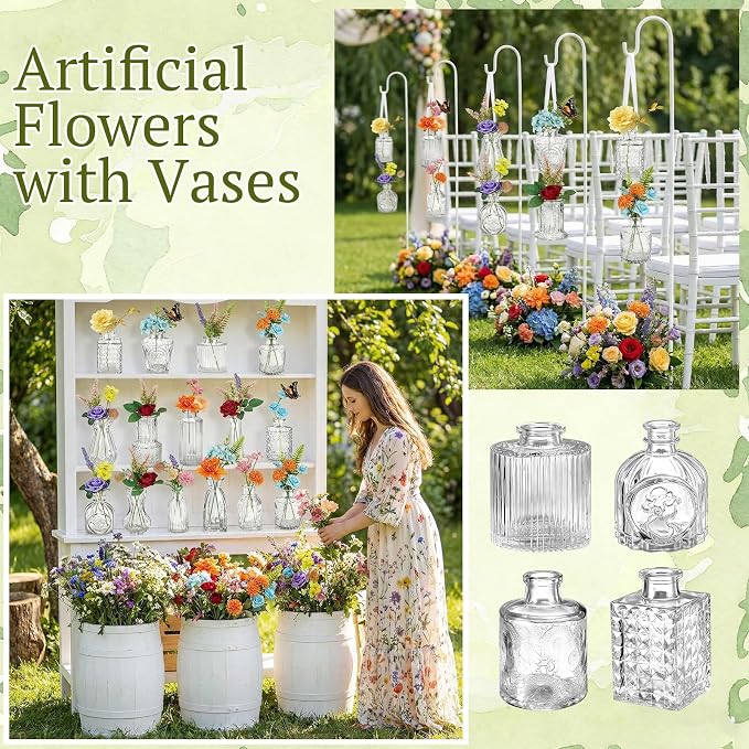 36 Pcs Artificial Flowers Table Centerpiece with Vases Colorful Wildflower Centerpieces Silk Flower Arrangement for Wedding Baby Shower Table Centerpieces Party(Fresh Charm,Clear)