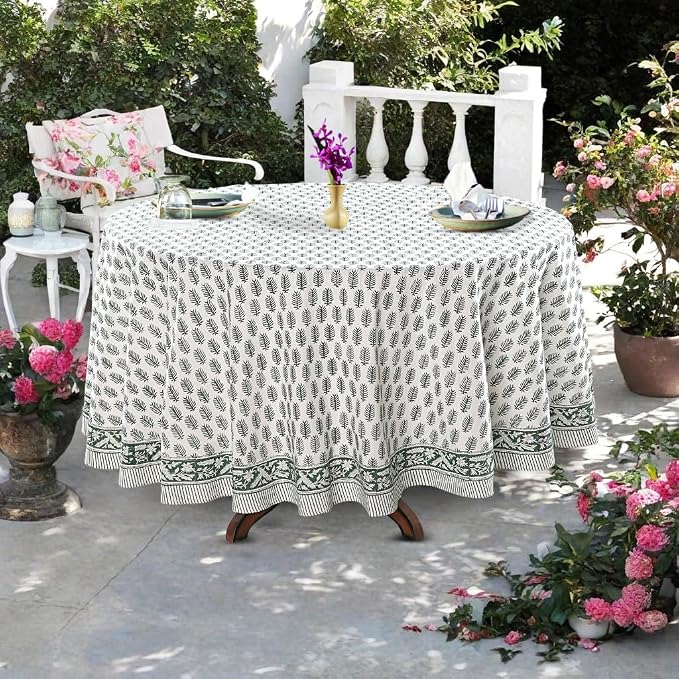 Ridhi Round Tablecloth Hand Block Print 100% Cotton Reusable Emerald Green 110 Inch Table Cover Decorative Everyday Use for Dining, Home, Party, Wedding, Farmhouse, Party Gift for Spring, Mother's Day