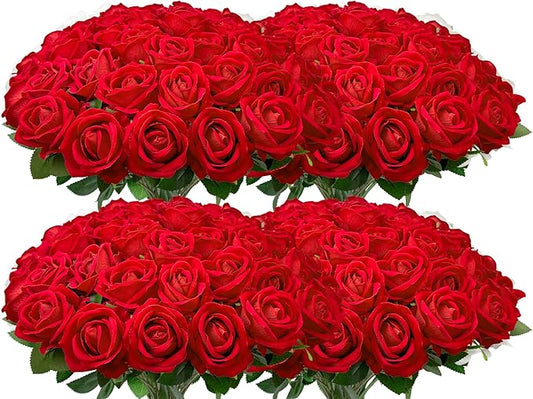 Wondrus Bulk Artificial Flowers 100 PCS, Fake Velvet Silk Red Roses with Long Stems Realistic Bouquet for Mother's Day Wedding Centerpieces, Faux Arrangement for Home Table Decor