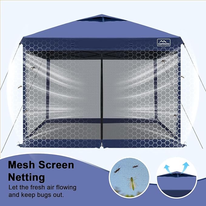 KAMPKEEPER 10x10 Pop-Up Canopy Tent, Waterproof Portable Shade with Screen Walls, Adjustable Instant Outdoor Shelter for Camping, Backyard, and Events, Navy Blue