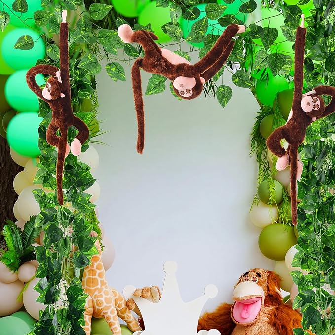 6 Pcs Hanging Monkey Stuffed Animal Jungle Classroom Party Decoration with 12 Pcs 7.22ft Artificial Vine Plush Hook and Loop Fastener for Kids Rainforest Safari Birthday VBS(Dark Brown,21 Inch)