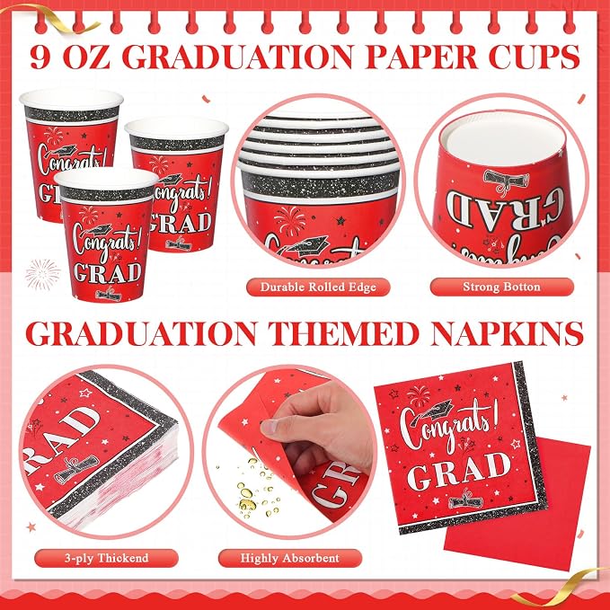 Domensi 400 Pcs 2026 Graduation Decorations Plates and Napkins and Cups Set Serve 50, Red and White Graduation Party Supplies, Class of 2026 Paper Tableware 9oz Cup Knife Fork Spoon Congrats Grad