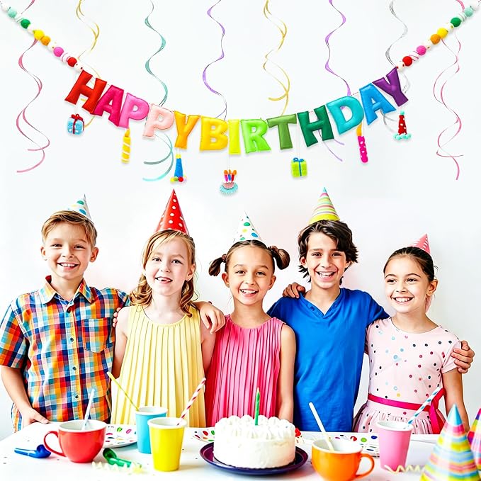 Happy Birthday Banner, Handmade Wool Felt Birthday Banner with Cute Charms, Reusable Rainbow Birthday Decorations for Kids, Colorful Birthday Garland for 1st Birthday, Baby Shower,Party Photo Backdrop