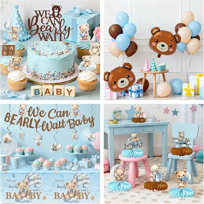 We Can Bearly Wait Baby Shower Decorations Boy, 200Pcs Teddy Bear Baby Shower Balloons Banner Plates Napkins Cake Toppers Tablecloth Honeycomb Balls for Bear Themed Party Decorations Severs 24