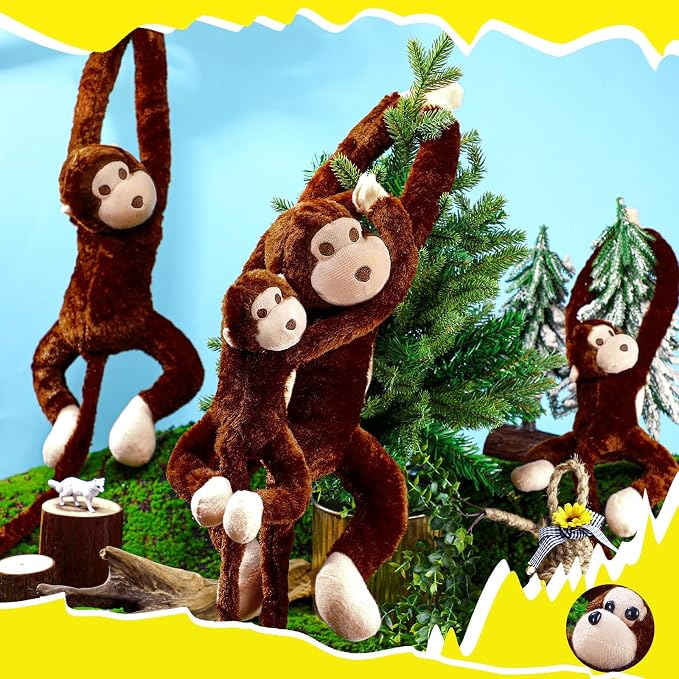 Hungdao 6 Packs Hanging Monkey Stuffed Jungle Animal Toy with Hook and Loop Jungle Party Hanging Plush Monkey for VBS Sunday School Classroom Party Decorations (24 Inch,32 Inch,Dark Brown)