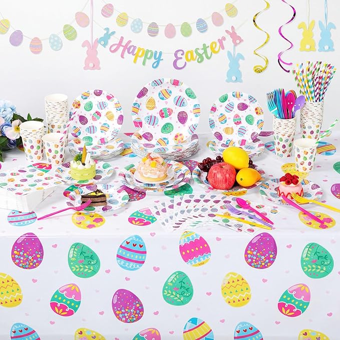 Funnymoom 452 Pcs Easter Party Supplies for 50, Colorful Easter Egg Paper Plates Napkins Cups Tablecloth Cutlery Straws Disposaable Tableware Set for Spring Birthday Baby Shower Party Decorations