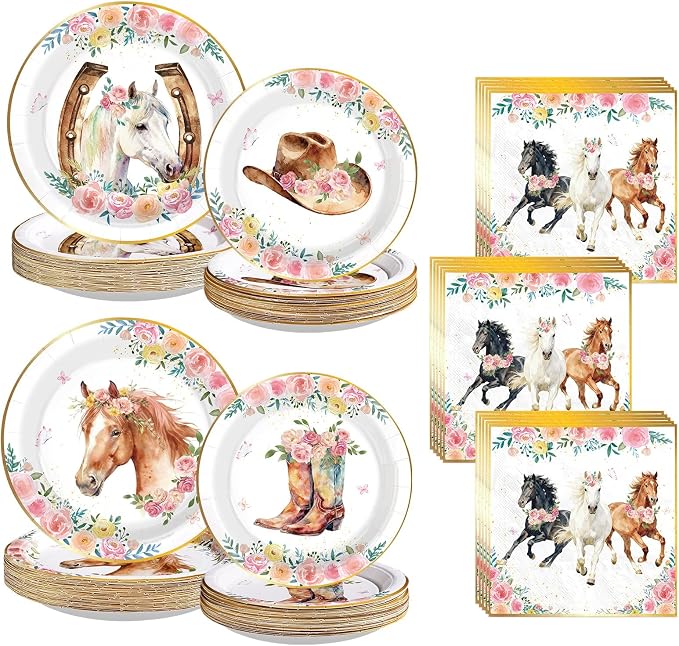200Pcs Western Horse Party Supplies Cowgirl Theme Plates and Napkins Pink Floral Horse Disposable Paper Tableware Set for Girl Birthday Baby Shower Rodeo Event Bachelor Party Decor Serves 50