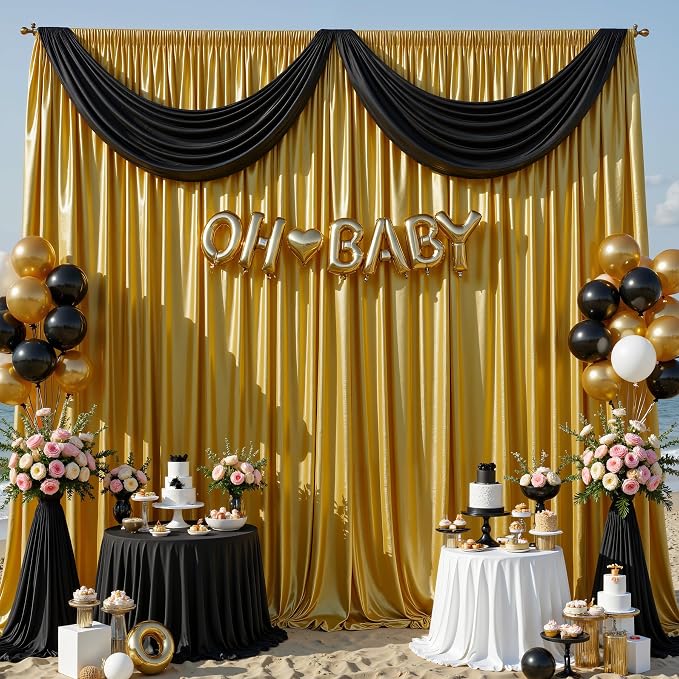 40x10ft Dark Gold Glitter Backdrop Curtain for Parties, Wrinkle Free Satin Photo Backdrop Drapes 8 Panels 5x10FT Shimmer Back Drop Cloth for Wedding Birthday Baby Shower Photography Background Decor