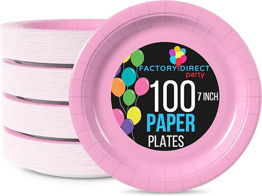 Exquisite Pink Paper Plates Disposable Heavy Duty 7 Inch Pink Disposable Plates For Party 100 Pcs Heavy Duty Paper Plate 350 GSM, Birthday Party Supplies Plate Set
