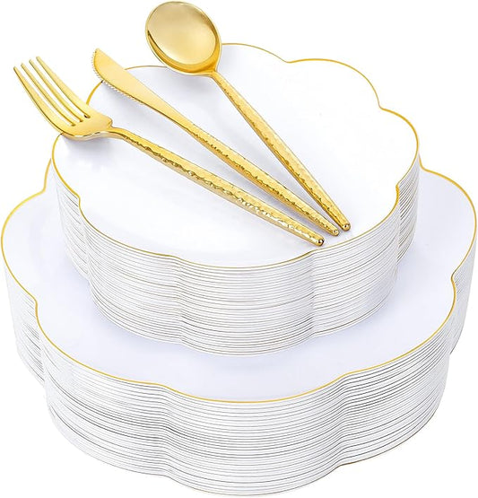 LIYH 150 Pcs White Plastic Plates Plastic Dinnerware Set Gold Silverware Set Gold Flower Edge Plates Include 30 (Dinner & Dessert) Plates,30 Knives,30 Forks Suitable for Wedding
