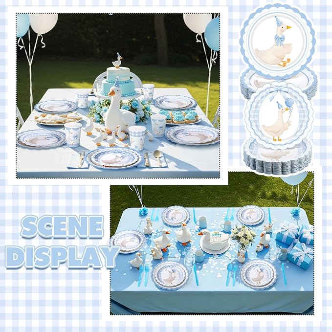 Zhehao 350 Pcs One Silly Goose Birthday Party Tableware Set Blue Bow Scalloped Baby Shower Plates Cup Napkins Forks for Birthday Party Decorations Supplies for 50 Guests