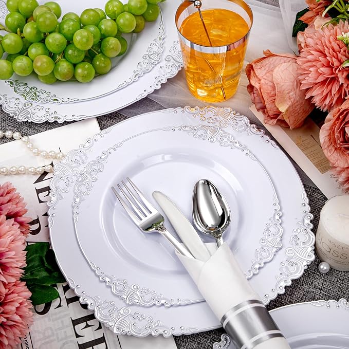 Hioasis 210pcs White and Silver Plates - White Party Plates for 30 Guest, Include 60 Heavy-duty Plates(20% Thicker Than Standard), 30 Pre Rolled silver Plastic Silverware Set, 30 Cups