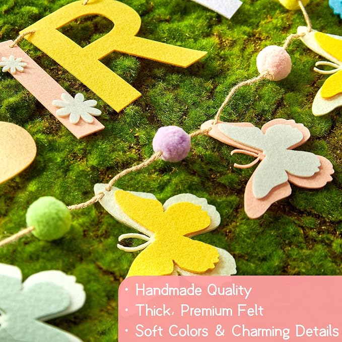 Felt Happy Birthday Banner, Butterfly Birthday Banners, Felt Party Banners, with Handmade Butterfly Garland, Pre-Strung Birthday Decorations for Girls Women Flower Spring Garden Party