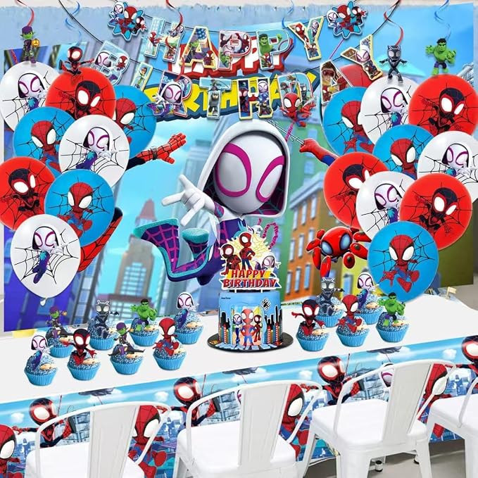 Cartoon spidey-themed birthday party supplies. These decorations include "Happy Birthday" banners, tableware, tablecloths, balloons, large and small skewers, and party-themed decoration sets.
