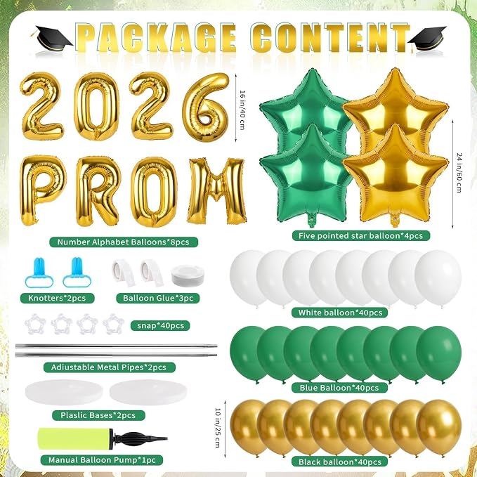 2 Sets Graduation Balloon Column Stand Kits with 132 PCS Green Gold White Latex Balloons 2026 Letters 6.5 Ft Adjustable Metal Tube Telescopic Tower Pillar with Base for Graduation Party Decoration