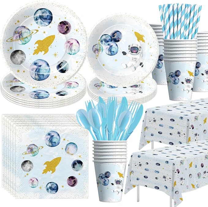 Space Theme Party Supplies For Boy - Galaxy Outer Space Planet Astronauts Party Decorations for Birthday Baby Shower, Paper Plate, Cup, Napkin, Tablecloth, Tableware | Serves 24