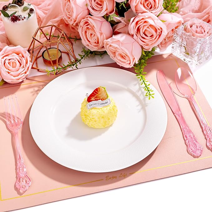 150PCS Pink Plastic Silverware - Heavy Duty Elegant Disposable Utensils - Vintage Baroque Cutlery Set Disposable Includes 50Forks, 50Spoons, 50Knives for Dinner Party Wedding