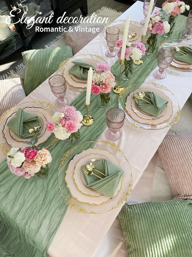 10 Pack Sage Green Cheesecloth Table Runner 17x108 Inch Semi Sheer Boho Gauze Cheese Cloth Table Runners, for Wedding Bridal Shower Birthday Party Home Decor Garden Farmhouse