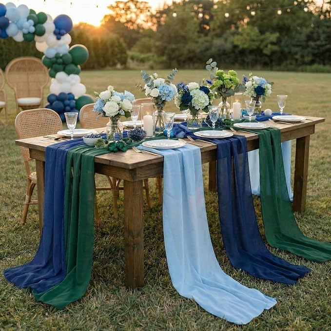 Boao 6 Pcs Blue and Green Party Decorations Table Runner Cloth 10Ft Boho Sheer Rustic Fabric for Wedding Birthday Party Baby Bridal Shower Graduation Dawn Sunset Decor