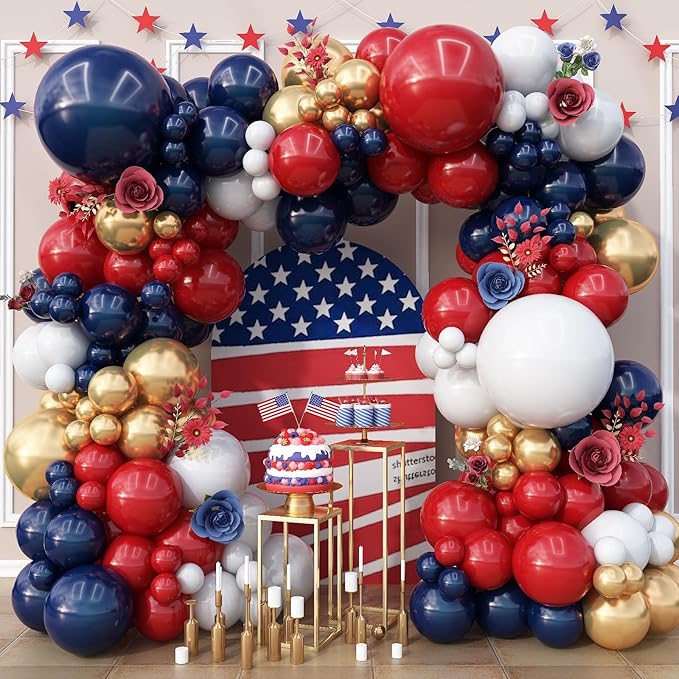 Red White Blue Balloons Arch Double Stuffed, Navy Blue Dark Ruby Red Balloons Garland kit, Matte White Metallic Gold Latex Balloon for Graduation Birthday 4th Of July Patriot Veterans Day Party Decor
