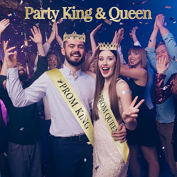 Saintrygo 12 Pcs Prom Crown and Sash Set, Prom King and Queen Tiara Rhinestone Crown Glitter Court Royal Satin Sash for 2026 Graduation Ball Dance Night Party Birthday Accessory(Gold,Elegant)